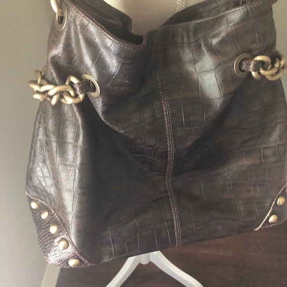 Innue Italian Leather Dark Brown/Calf Hair Front Pocket Gold Hardware Bag - Picture 3 of 9